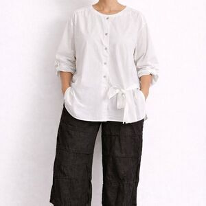 Organic Generation White Tie Waist Blouse Small Lagenlook Artsy Minimalist